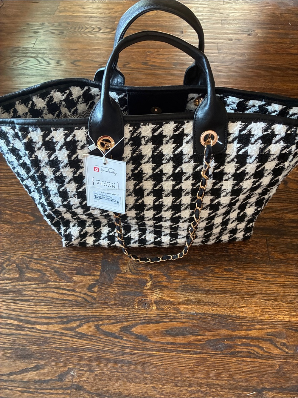 Vegan Houndstooth Tote Bag with Chain Handles - Black & White